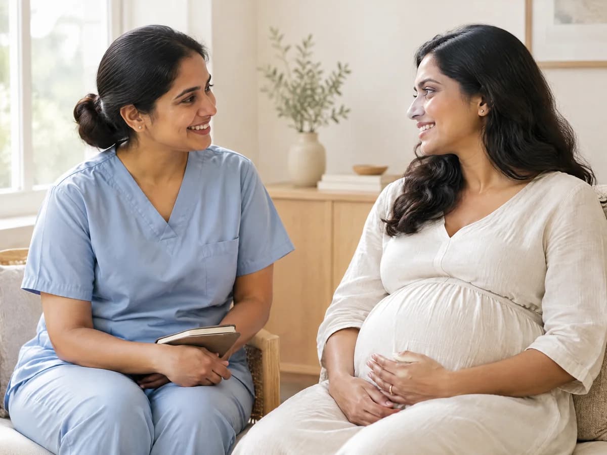 A midwife sharing a reassuring conversation with an expectant mother